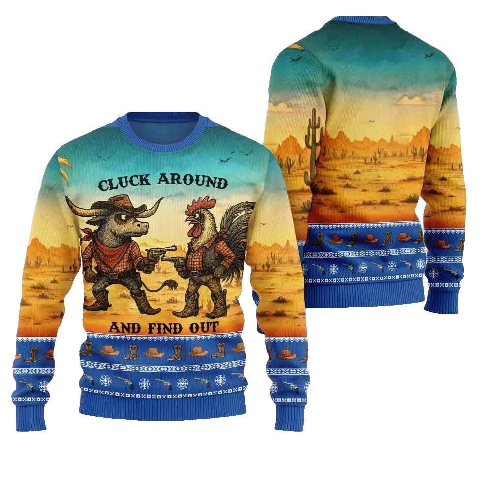 2026 Christmas Fearless Cowboy Cow And Chicken Tree Ugly Christmas Sweater - Moonbestprint