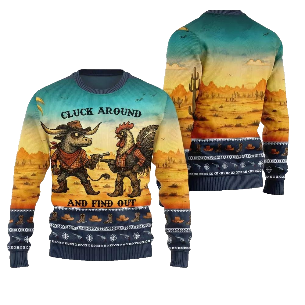 2026 Christmas Fearless Cowboy Cow And Chicken Tree Ugly Christmas Sweater - Moonbestprint
