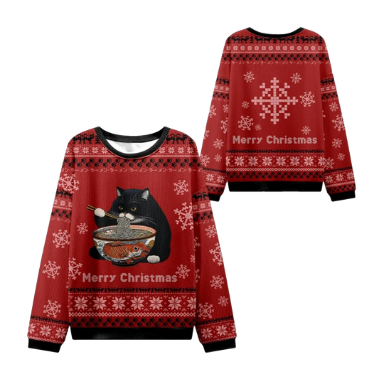 2026 Christmas Fat Cat Eating Ramen Ugly Sweater - Moonbestprint