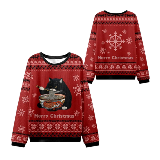 2026 Christmas Fat Cat Eating Ramen Ugly Sweater - Moonbestprint