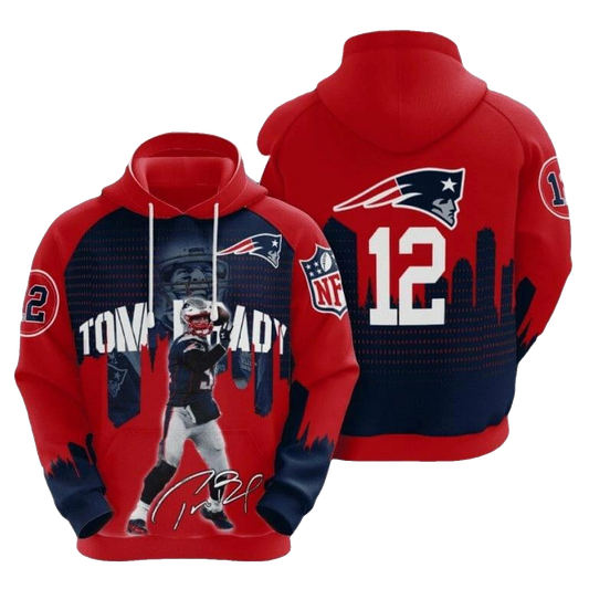 New England Patriots Tom Brady Signature Blue Red AOP Hoodie - Moonbestprint