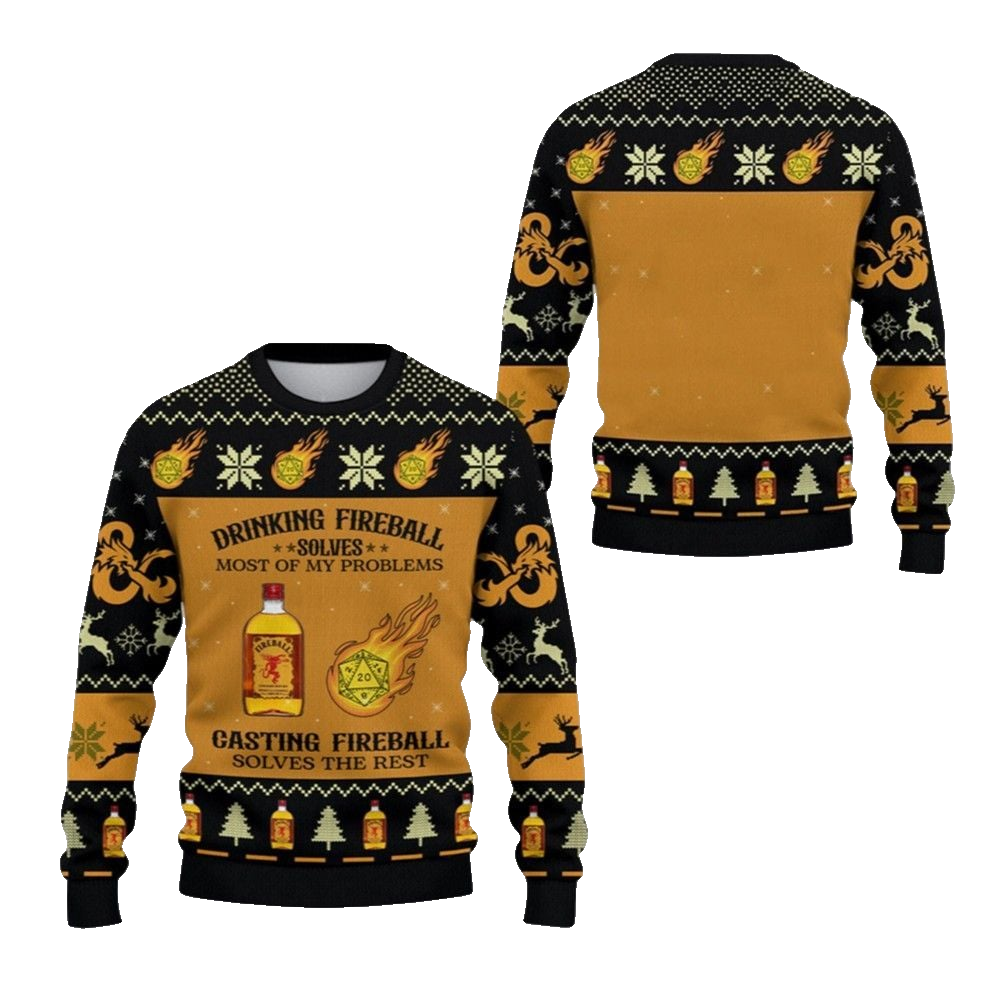 2026 Christmas DND Drinking Fireball Solves Most Of Problems Ugly Sweater - Moonbestprint