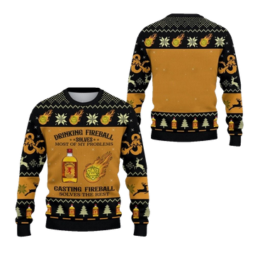2026 Christmas DND Drinking Fireball Solves Most Of Problems Ugly Sweater - Moonbestprint