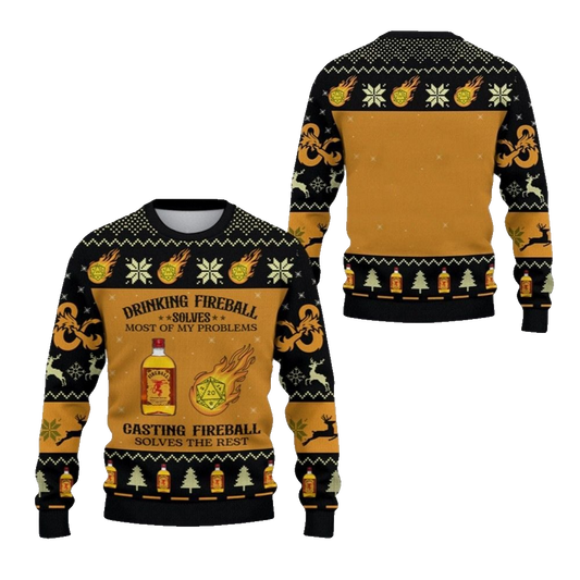 2026 Christmas DND Drinking Fireball Solves Most Of Problems Ugly Sweater - Moonbestprint