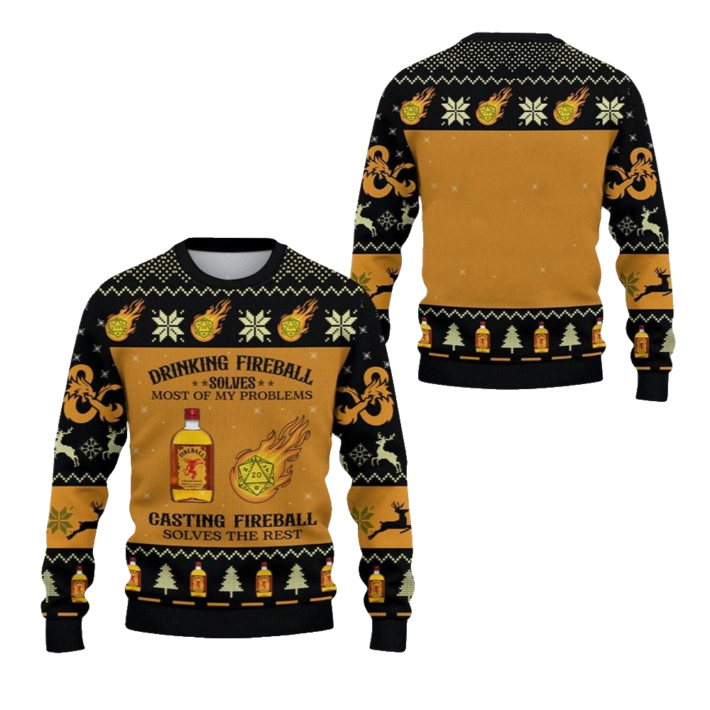 2026 Christmas DND Drinking Fireball Solves Most Of Problems Ugly Sweater - Moonbestprint