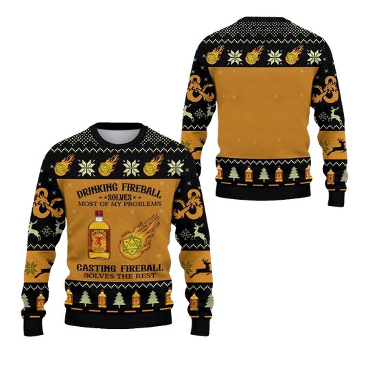 2026 Christmas DND Drinking Fireball Solves Most Of Problems Ugly Sweater - Moonbestprint