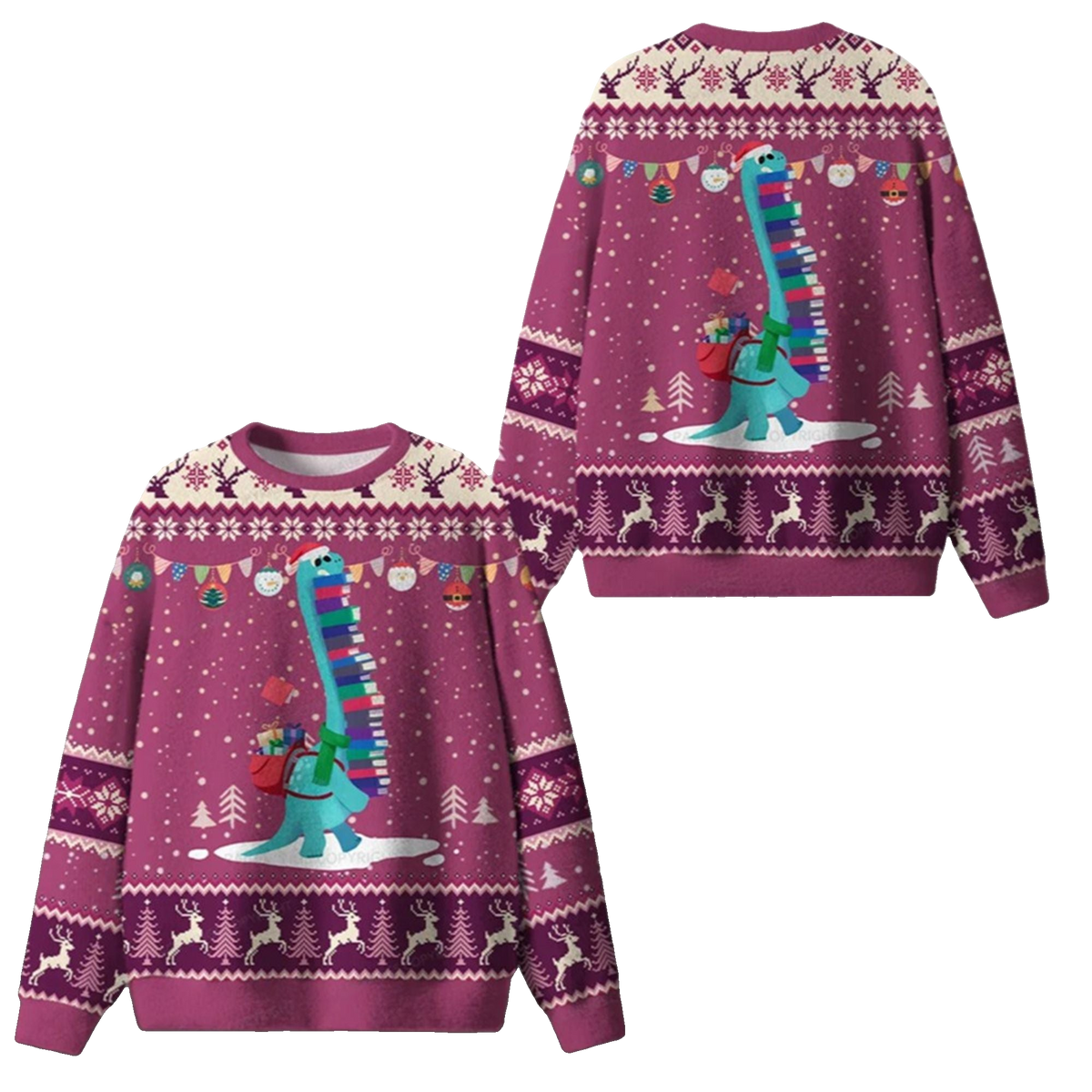 2026 Christmas Dinosaur Books Ugly Sweater - Moonbestprint