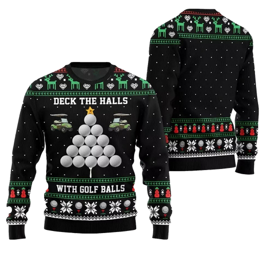 2026 Christmas Deck the Halls with Golf Balls Ugly Sweater - Moonbestprint