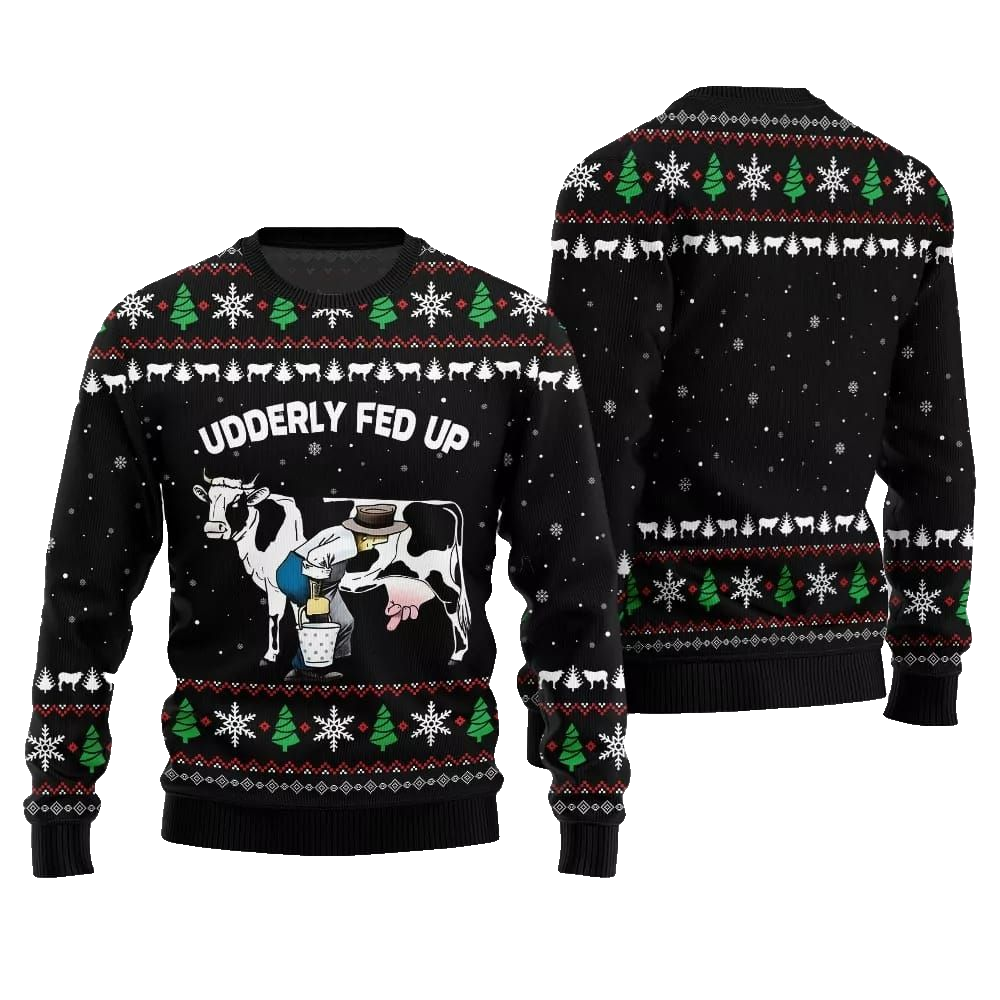 2026 Christmas Cow Udderly Fed Up Ugly Christmas Sweater - Moonbestprint