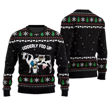 2026 Christmas Cow Udderly Fed Up Ugly Christmas Sweater - Moonbestprint