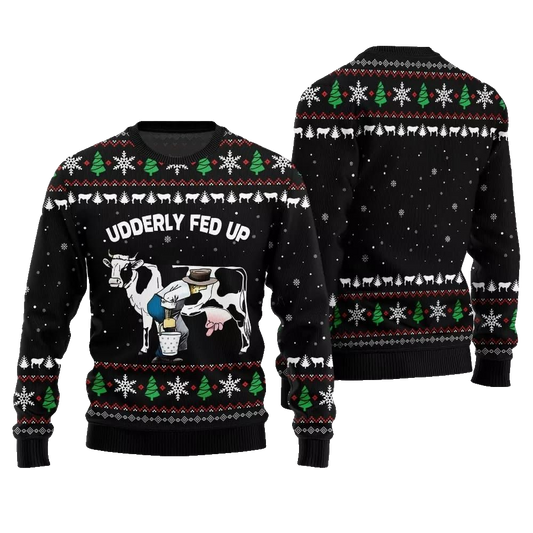 2026 Christmas Cow Udderly Fed Up Ugly Christmas Sweater - Moonbestprint