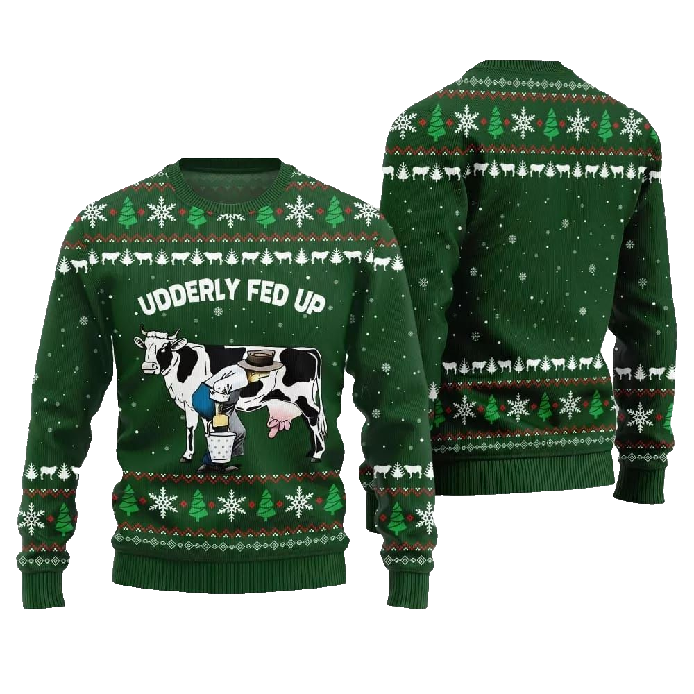 2026 Christmas Cow Udderly Fed Up Ugly Christmas Sweater - Moonbestprint