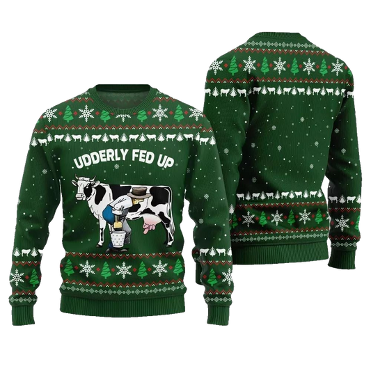 2026 Christmas Cow Udderly Fed Up Ugly Christmas Sweater - Moonbestprint