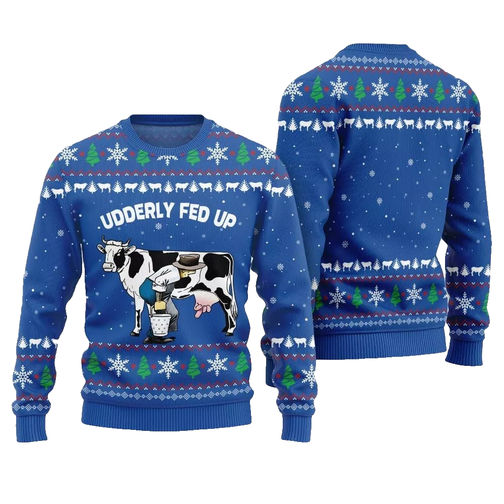 2026 Christmas Cow Udderly Fed Up Ugly Christmas Sweater - Moonbestprint