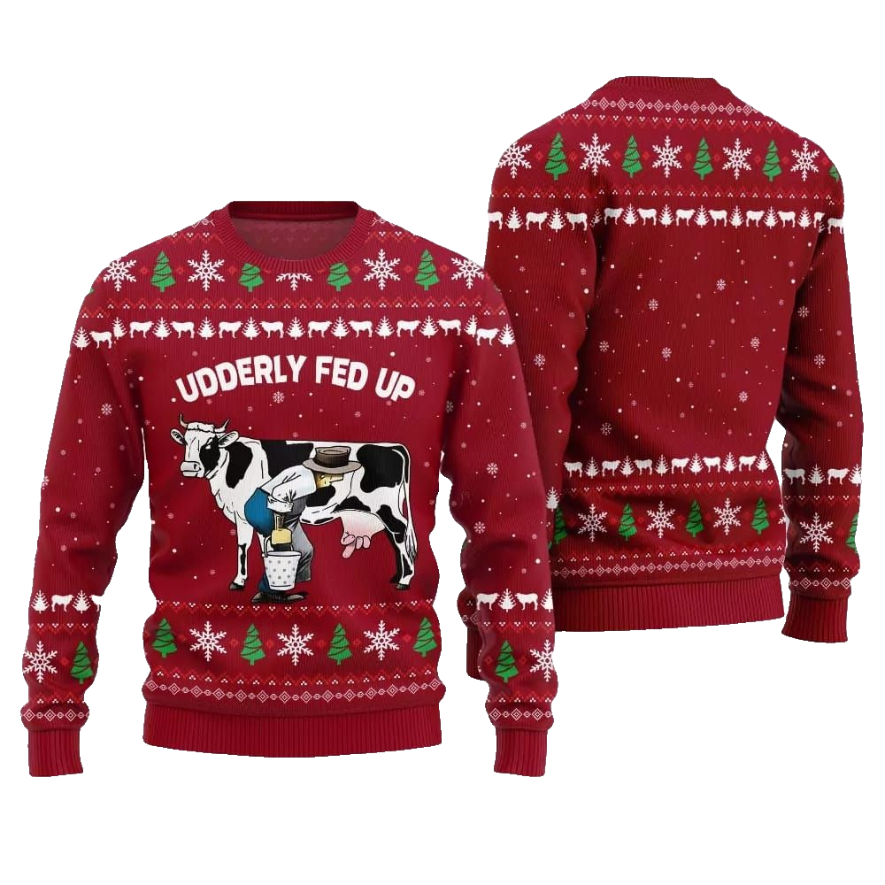2026 Christmas Cow Udderly Fed Up Ugly Christmas Sweater - Moonbestprint