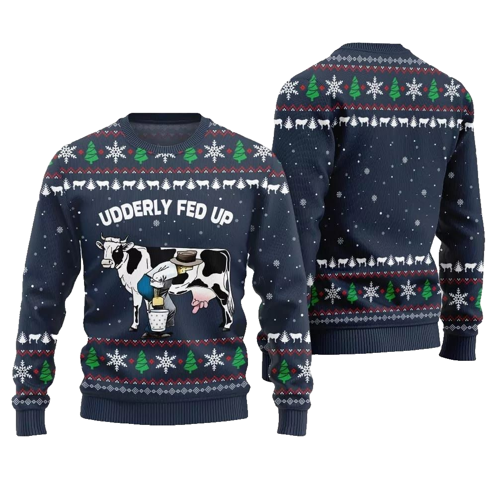 2026 Christmas Cow Udderly Fed Up Ugly Christmas Sweater - Moonbestprint