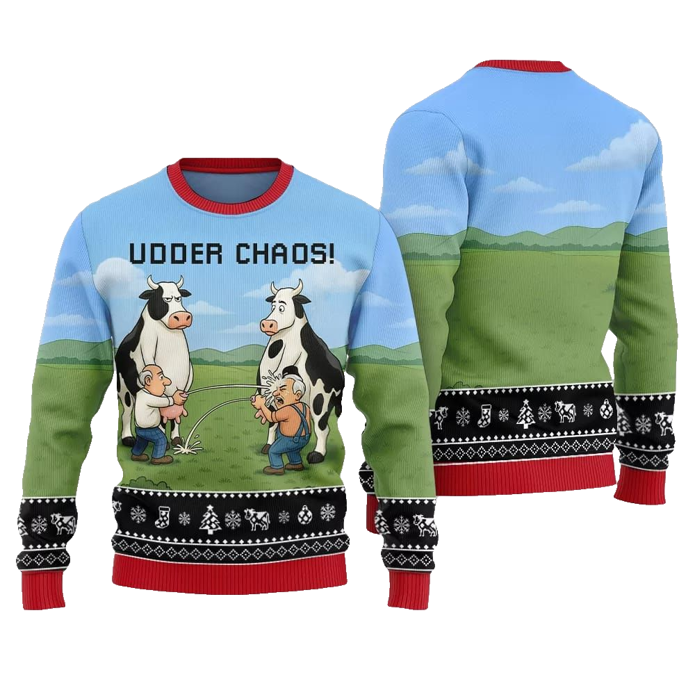 2026 Christmas Cow Udder Chaos Ugly Christmas Sweater - Moonbestprint