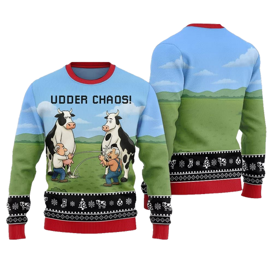 2026 Christmas Cow Udder Chaos Ugly Christmas Sweater - Moonbestprint
