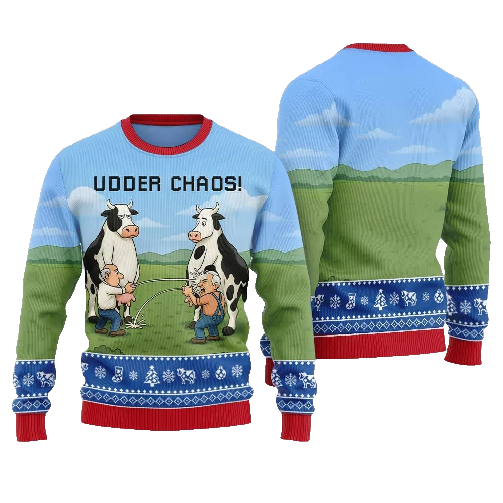 2026 Christmas Cow Udder Chaos Ugly Christmas Sweater - Moonbestprint