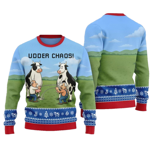 2026 Christmas Cow Udder Chaos Ugly Christmas Sweater - Moonbestprint