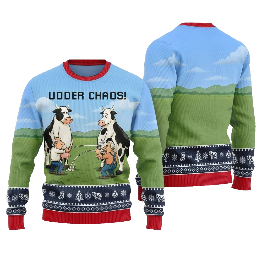 2026 Christmas Cow Udder Chaos Ugly Christmas Sweater - Moonbestprint