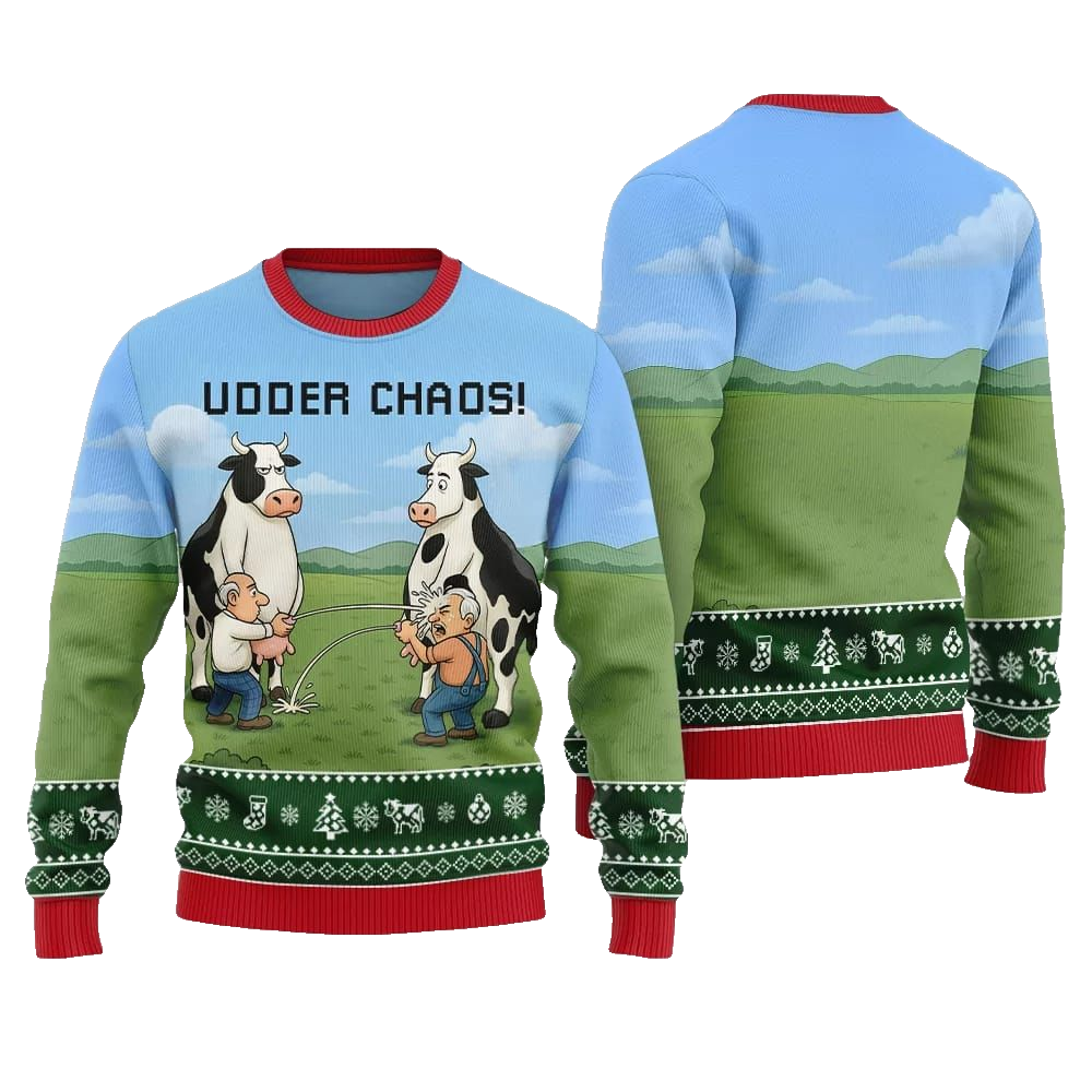 2026 Christmas Cow Udder Chaos Ugly Christmas Sweater - Moonbestprint
