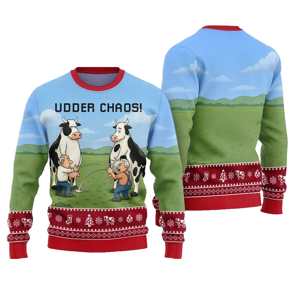 2026 Christmas Cow Udder Chaos Ugly Christmas Sweater - Moonbestprint
