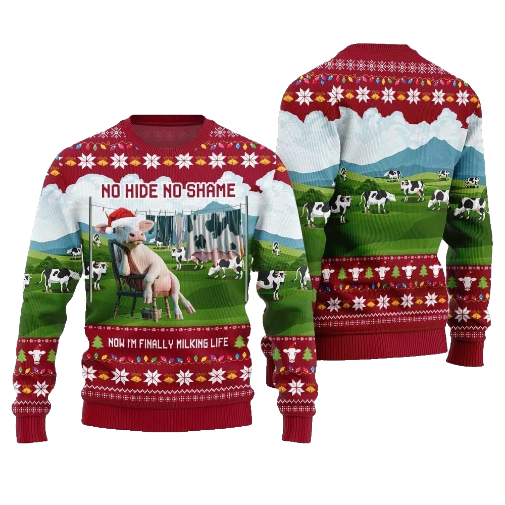 2026 Christmas Cow No Hide No Shame Now I'm Finally Miling Life Ugly Christmas Sweater - Moonbestprint