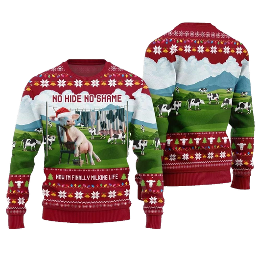 2026 Christmas Cow No Hide No Shame Now I'm Finally Miling Life Ugly Christmas Sweater - Moonbestprint