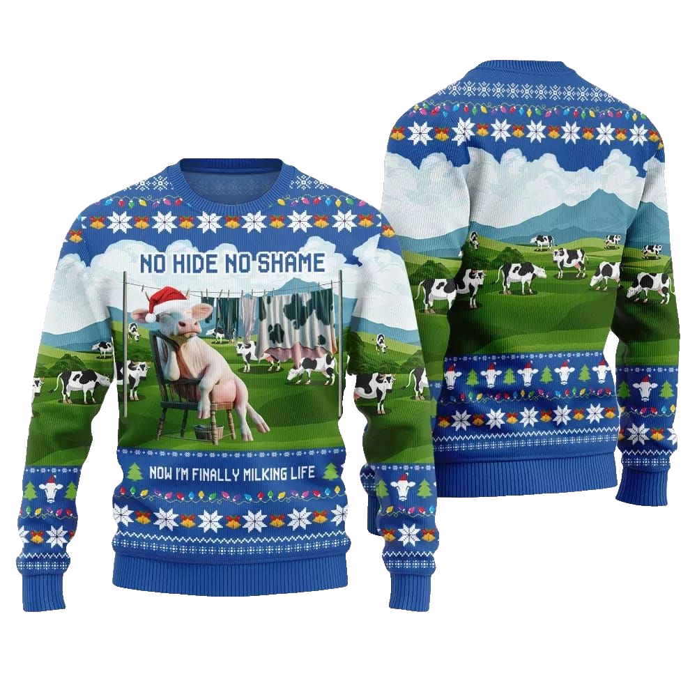 2026 Christmas Cow No Hide No Shame Now I'm Finally Miling Life Ugly Christmas Sweater - Moonbestprint