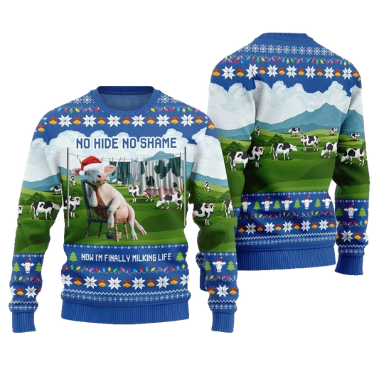 2026 Christmas Cow No Hide No Shame Now I'm Finally Miling Life Ugly Christmas Sweater - Moonbestprint