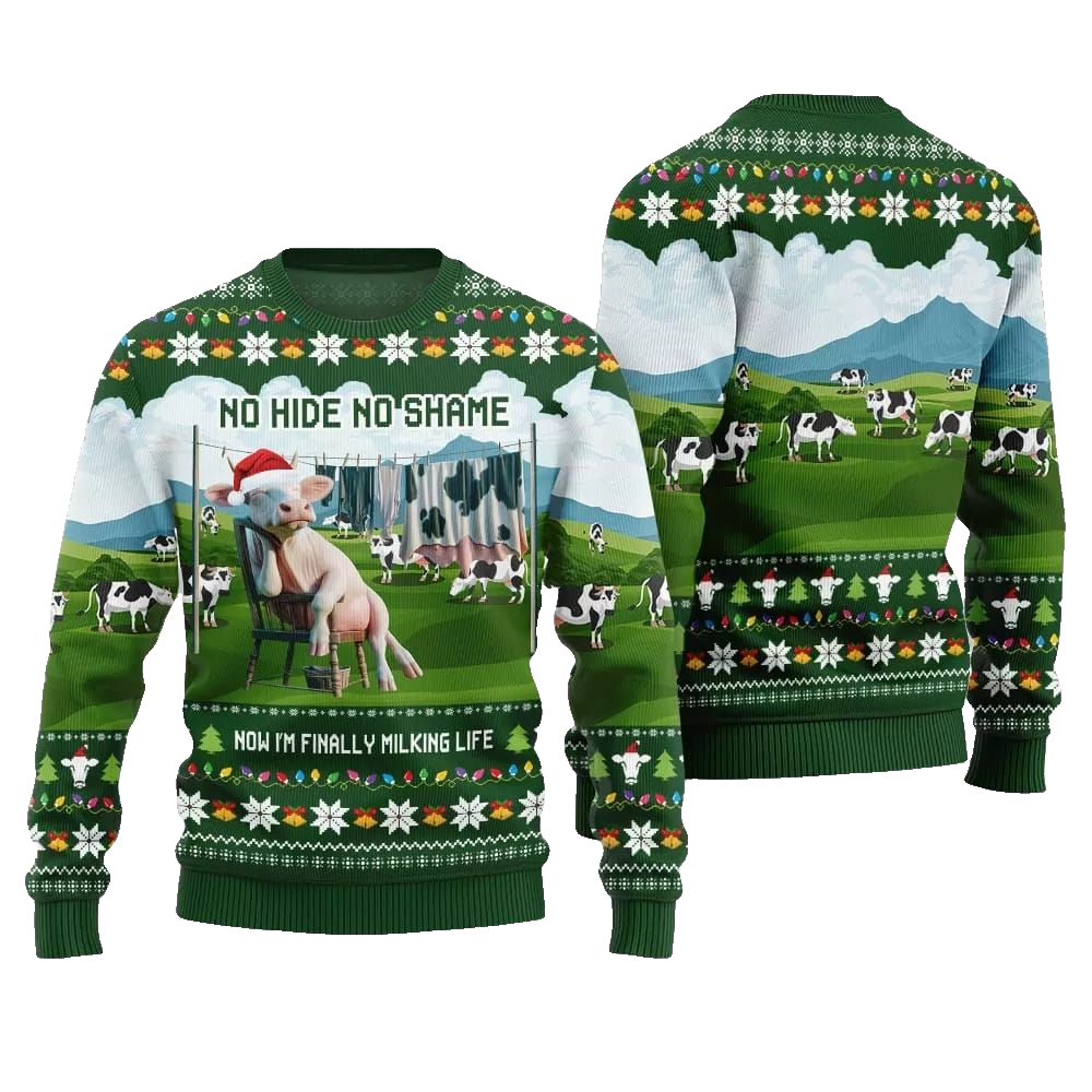 2026 Christmas Cow No Hide No Shame Now I'm Finally Miling Life Ugly Christmas Sweater - Moonbestprint