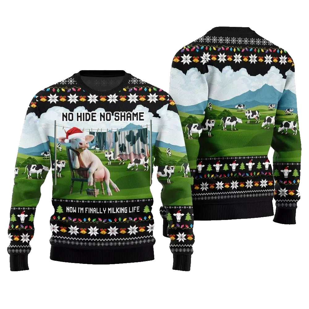 2026 Christmas Cow No Hide No Shame Now I'm Finally Miling Life Ugly Christmas Sweater - Moonbestprint