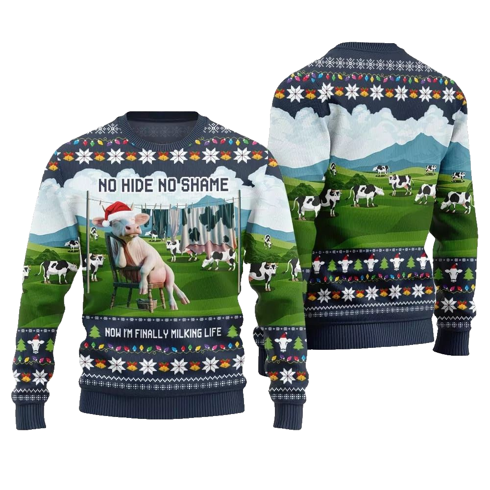 2026 Christmas Cow No Hide No Shame Now I'm Finally Miling Life Ugly Christmas Sweater - Moonbestprint
