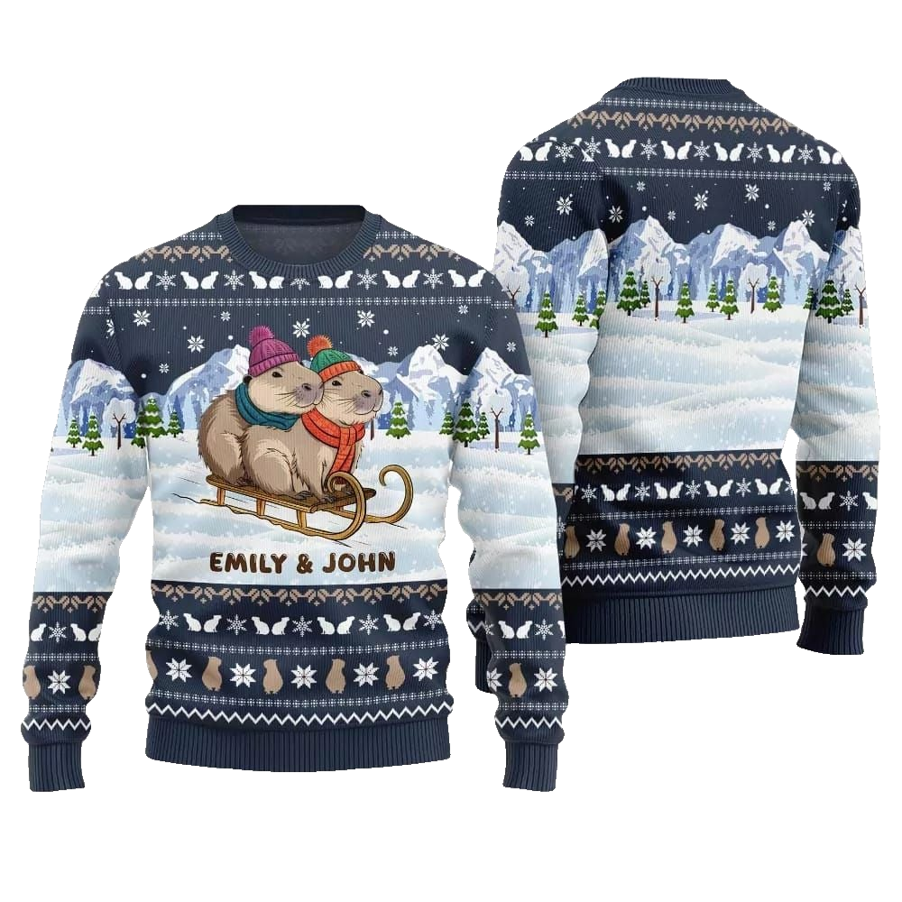 2026 Christmas Couple Capybaras Ugly Christmas Sweater - Moonbestprint