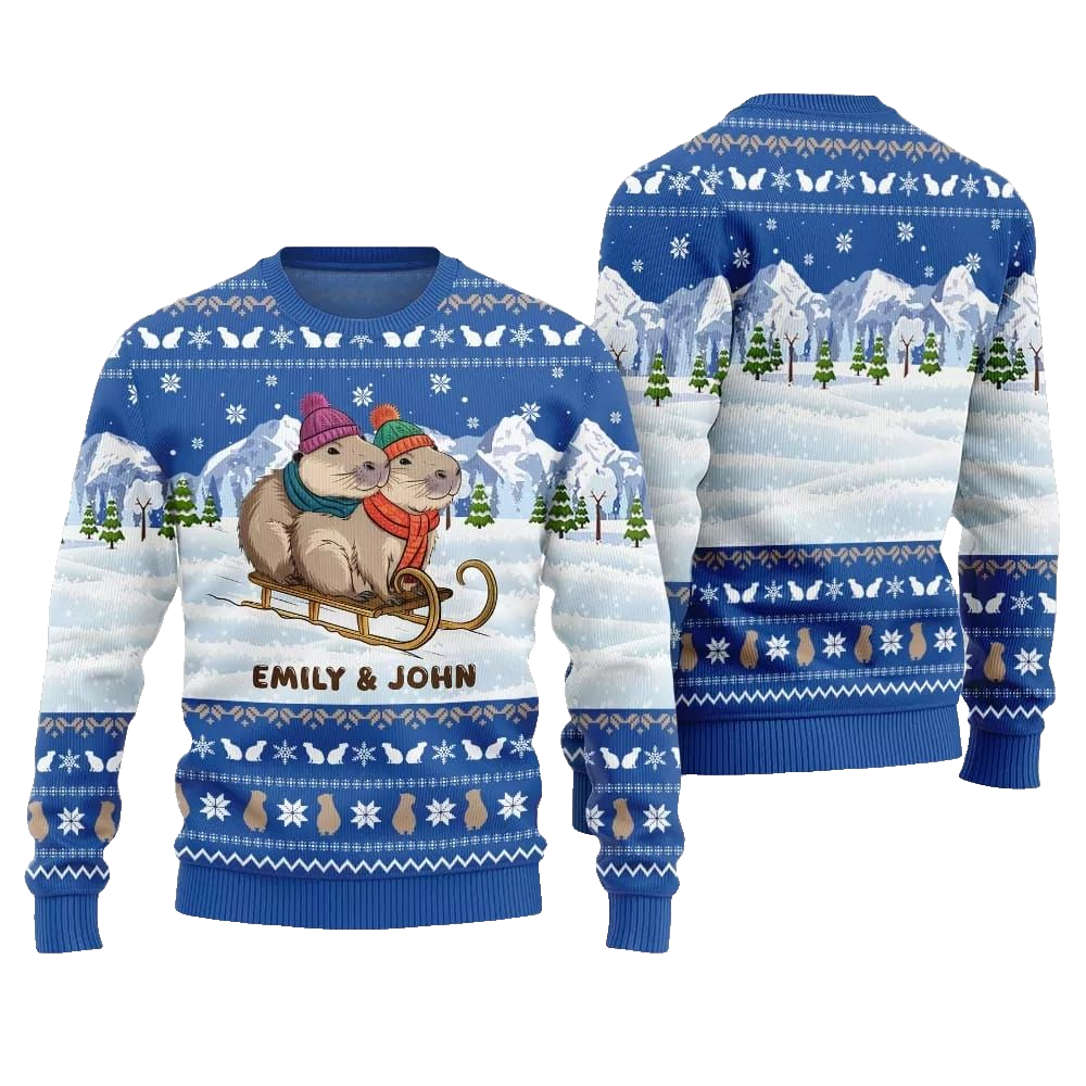 2026 Christmas Couple Capybaras Ugly Christmas Sweater - Moonbestprint