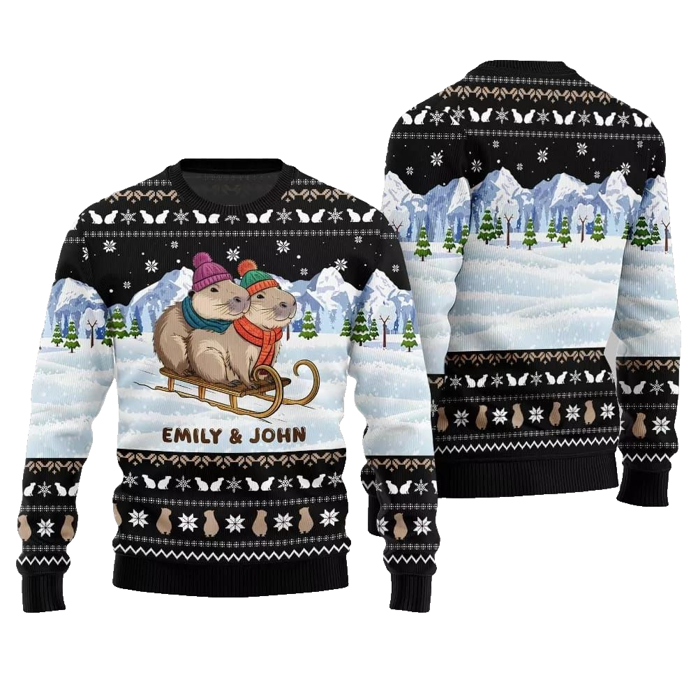2026 Christmas Couple Capybaras Ugly Christmas Sweater - Moonbestprint