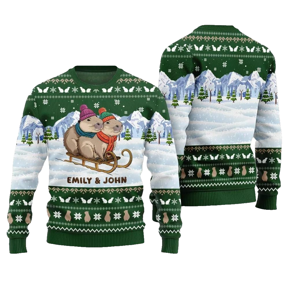 2026 Christmas Couple Capybaras Ugly Christmas Sweater - Moonbestprint