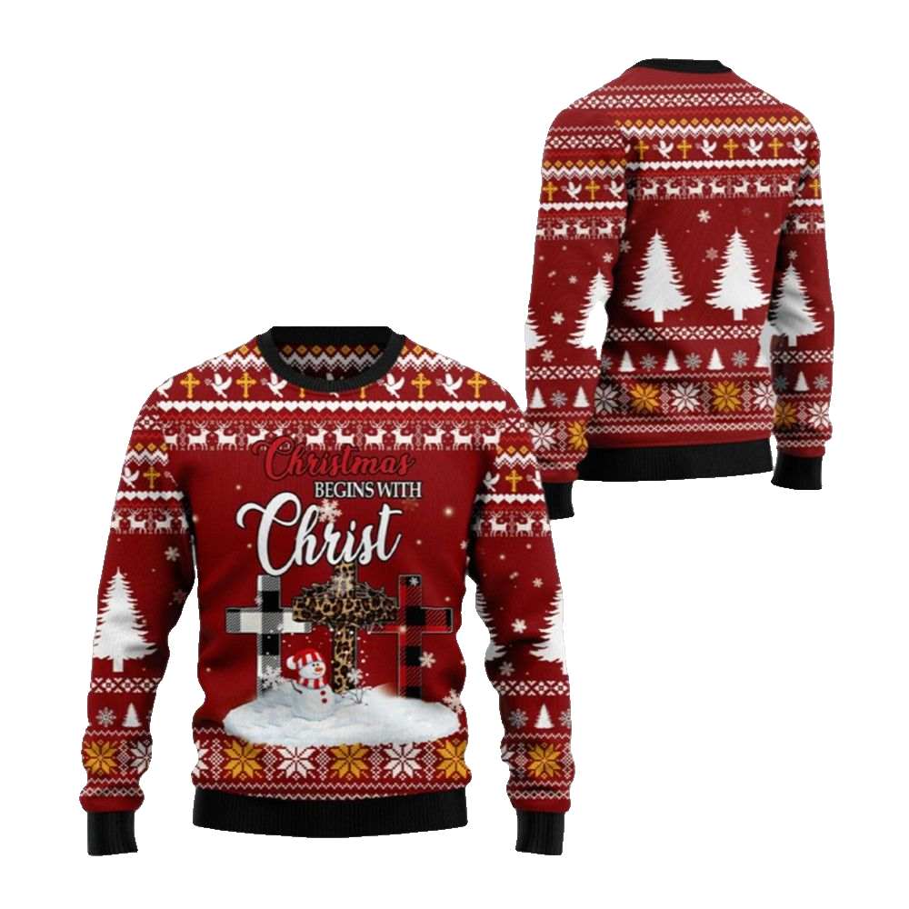 2026 Christmas Christian Begins With Christ Ugly Christmas Sweater - Moonbestprint