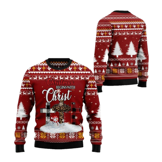 2026 Christmas Christian Begins With Christ Ugly Christmas Sweater - Moonbestprint