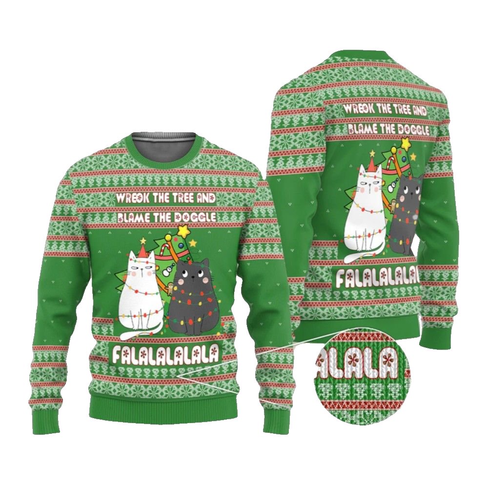 2026 Christmas Cat Wreck The Tree And Blame The Doggle Ugly Christmas Sweater - Moonbestprint