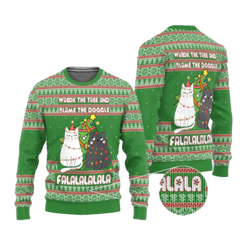 2026 Christmas Cat Wreck The Tree And Blame The Doggle Ugly Christmas Sweater - Moonbestprint