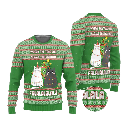 2026 Christmas Cat Wreck The Tree And Blame The Doggle Ugly Christmas Sweater - Moonbestprint