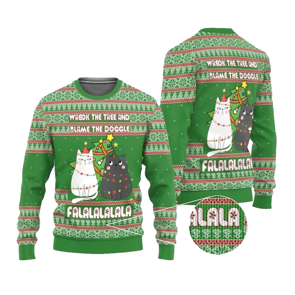 2026 Christmas Cat Wreck The Tree And Blame The Doggle Ugly Christmas Sweater - Moonbestprint