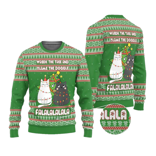 2026 Christmas Cat Wreck The Tree And Blame The Doggle Ugly Christmas Sweater - Moonbestprint