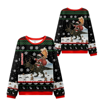 2026 Christmas Cat Riding A Dinosaur Ugly Sweater - Moonbestprint