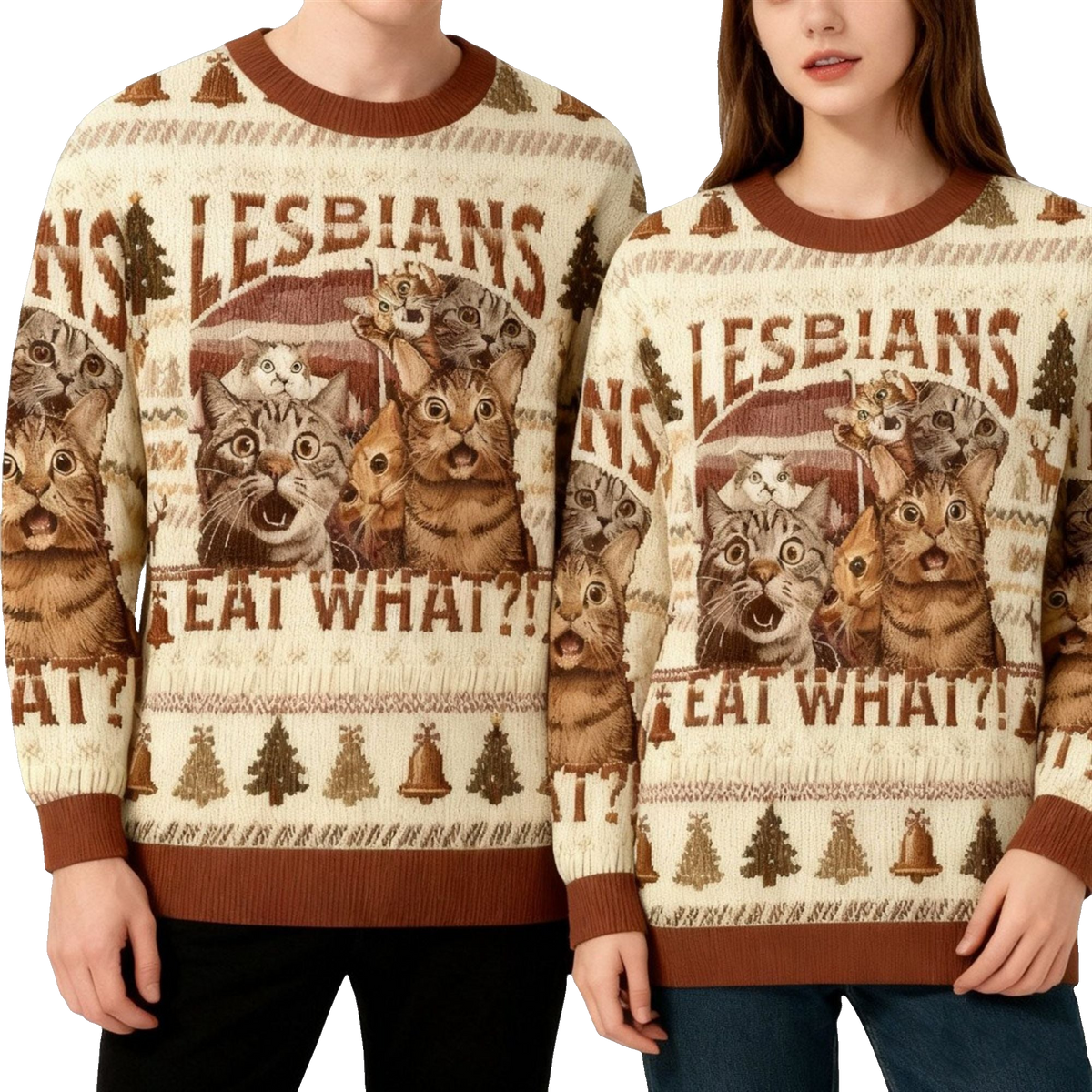2026 Christmas Cat Lesbians Eat What Ugly Sweater - Moonbestprint