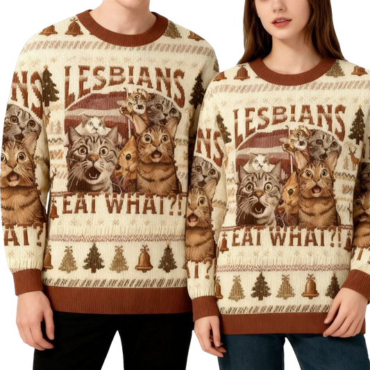2026 Christmas Cat Lesbians Eat What Ugly Sweater - Moonbestprint