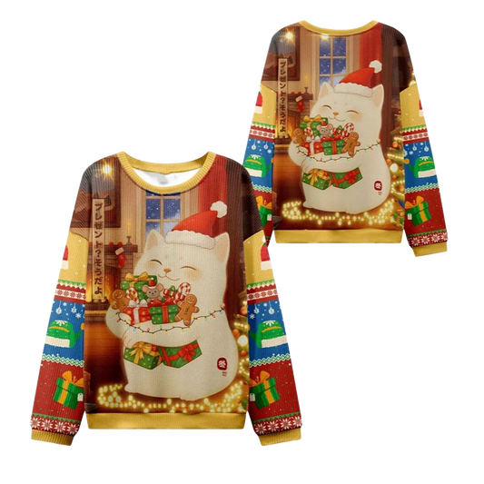 2026 Christmas Cat Holding Gift Ugly Sweater - Moonbestprint