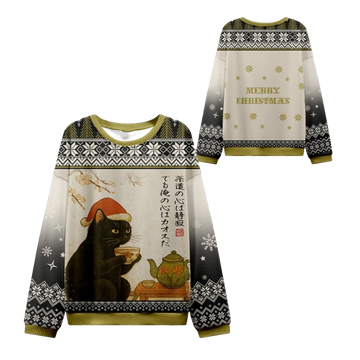 2026 Christmas Cat Drinking Tea Ugly Christmas Sweater - Moonbestprint